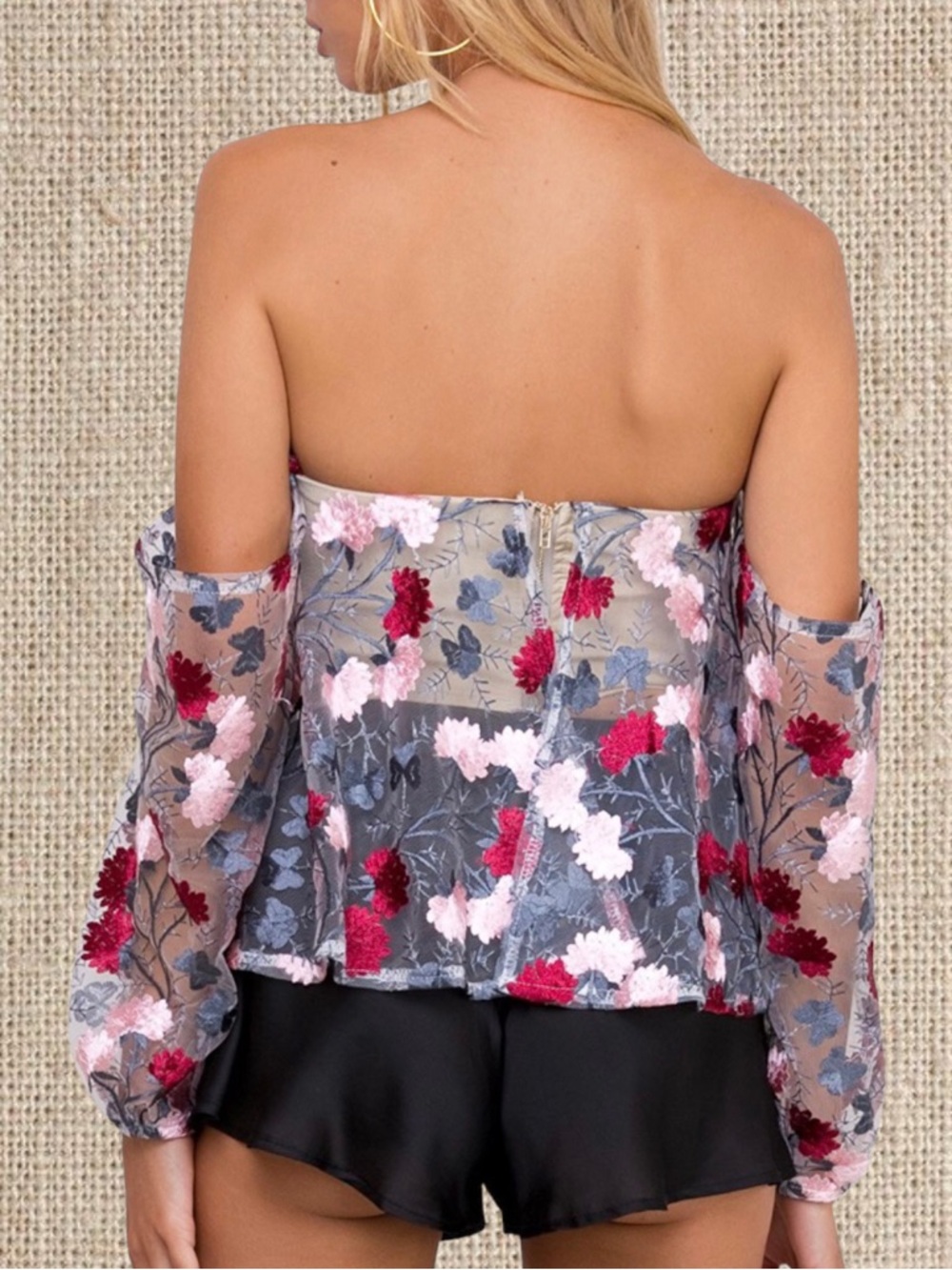 Floral Off-Shoulder Sheer Blouse in Pink & Red - Picture 2 of 3